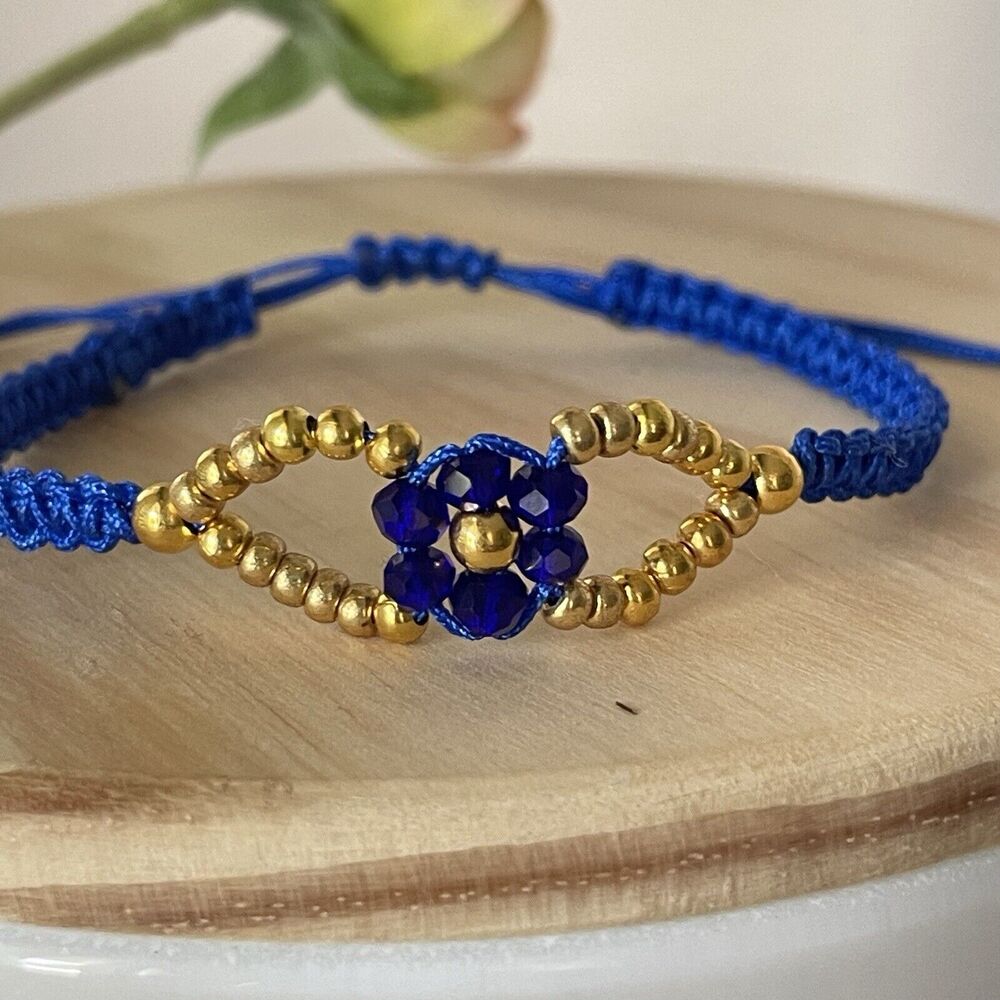 Handmade Blue Macrame Bracelet Gold Beads Flower Adjustable Boho Jewelry Gift - Picture 4 of 12